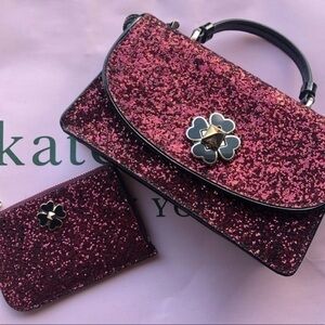 Kate Spade Black Cherry Glitter Crossbody Bag w Cardholder Patent Leather NWT